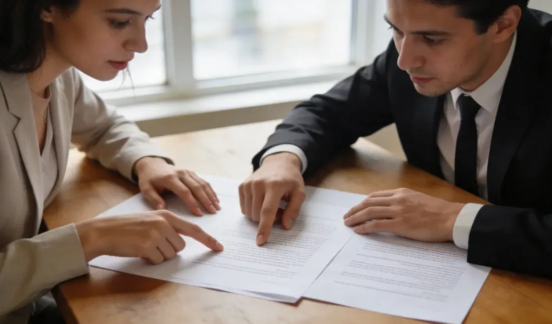 Deux personnes pointent des éléments sur des documents posés sur une table